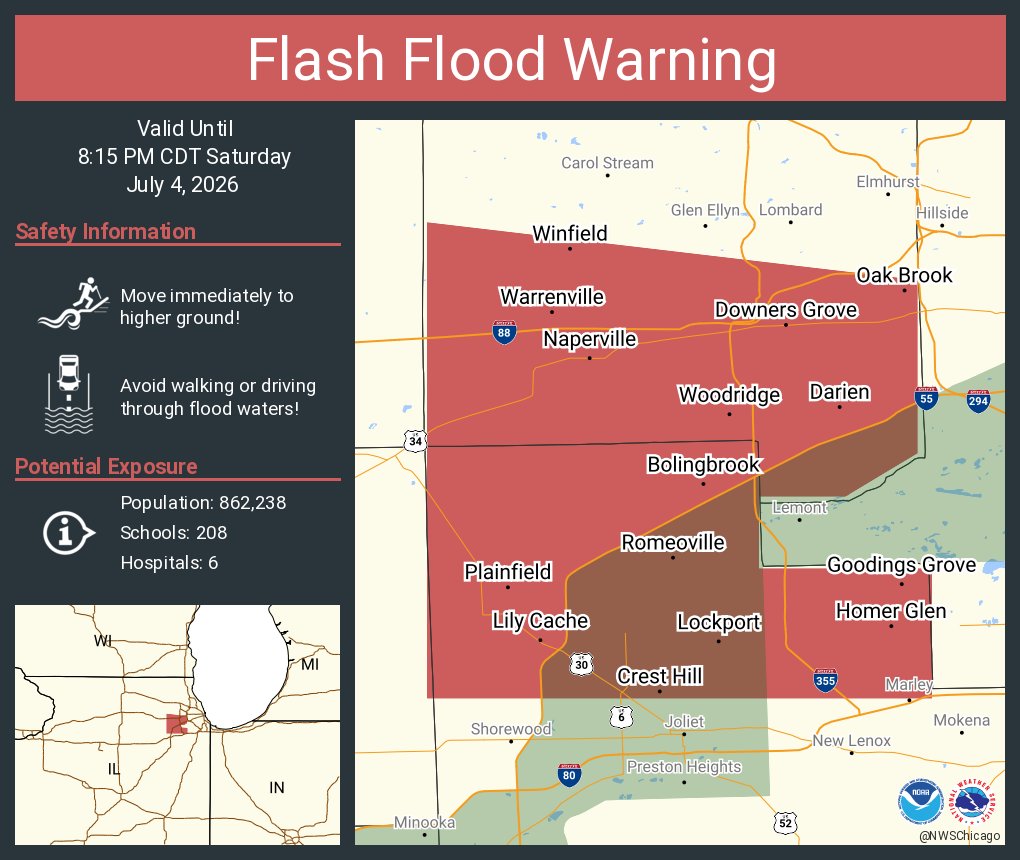 NWSChicago's tweet photo. Flash Flood Warning including Naperville IL, Bolingbrook IL and  Downers Grove IL until 8:15 PM CDT https://t.co/sOXHknTYDr