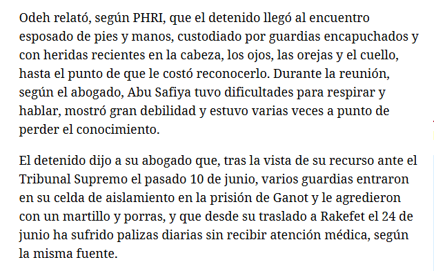 Ylainoa's tweet photo. "Esta es la última vez que me verás, me trajeron aquí para matarme".
Dr. Abu Safiya

"Apenas lo reconocí, con cabeza, ojos, oídos y cuello cubiertos de heridas, le golpearon con un martillo. Estaba encadenado, le costaba respirar, hablar, y pierde el conocimiento".
Nasser Odeh https://t.co/x5TZbCJhLa