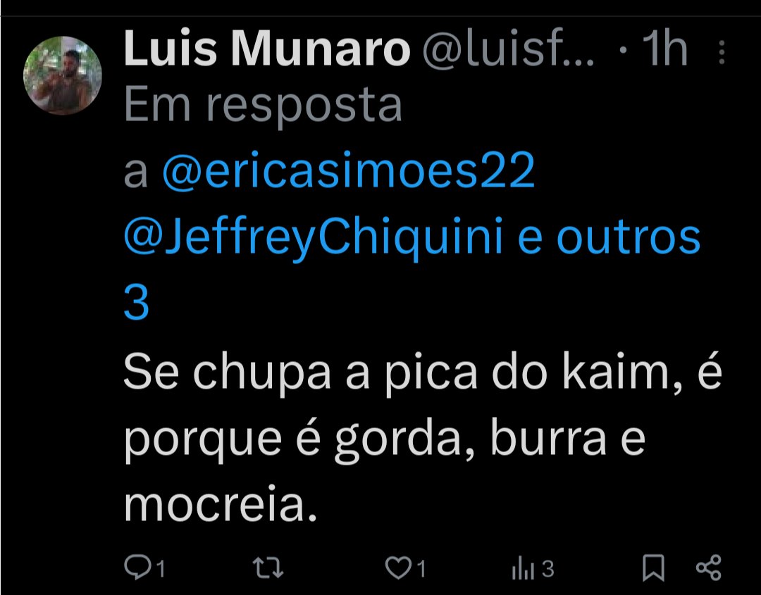 ericasimoes22's tweet photo. @Biakicis @JeffreyChiquini @Biakicis  Olha o que um Intergaláctico apoiador do @JeffreyChiquini  escreveu para mim. Isso é ATAQUE MISÓGINO ! Foi isso que o @kimpaim  falou para você? Ou apenas fez críticas? GOSTARIA DE SABER! https://t.co/obJSbSGGBy
