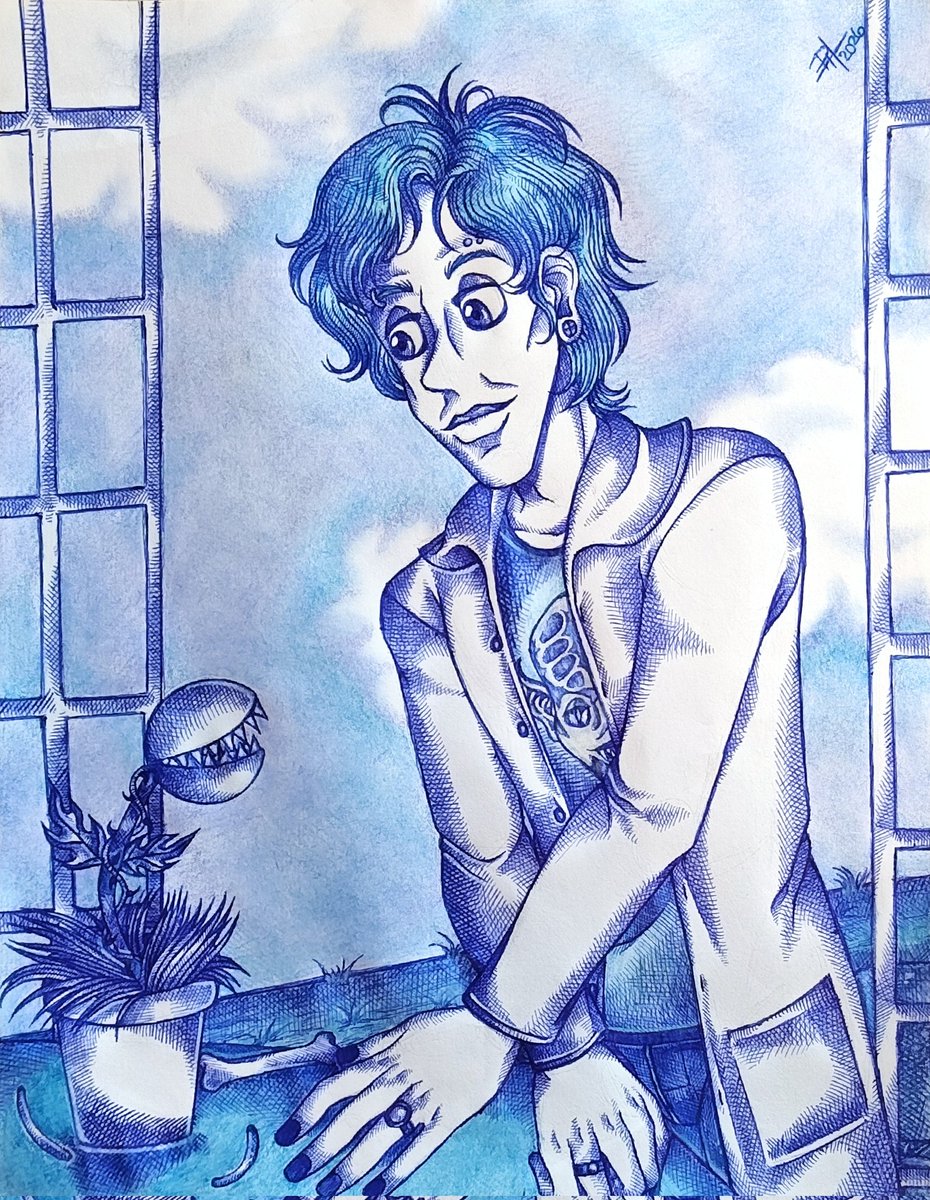 hebertxx9z's tweet photo. I wanted to draw a simple concept when I went through my camera roll on my phone, a plant with teeth that also has the ability to eat more than insects. The man in this drawing is the owner of this monstrous plant who needs to be fed meat everyday. 
🪴😈💀☠️💙
#plantmonster https://t.co/tbdWeD2zTZ