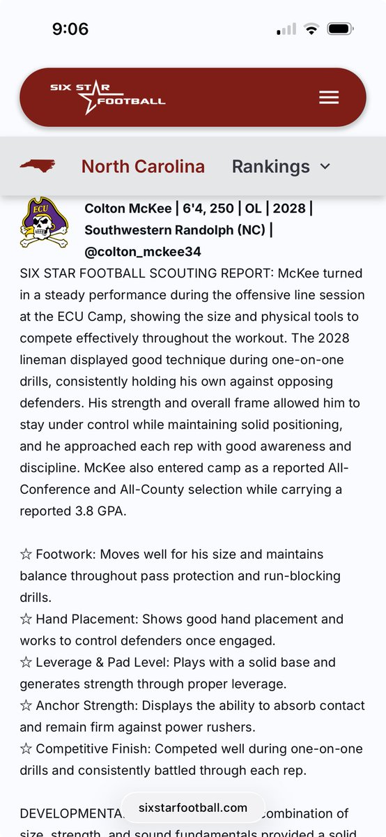 colton_mckee34's tweet photo. Grateful to be recognized by @sixstarfootball. Thank you to AJ Brooks and the Six Star football staff for evaluating me at the ECU Camp. @Coach__Roy_Tesh @Coach_B_Harrell @coacher_Hut @finisholacademy https://t.co/aq7J1GefAo