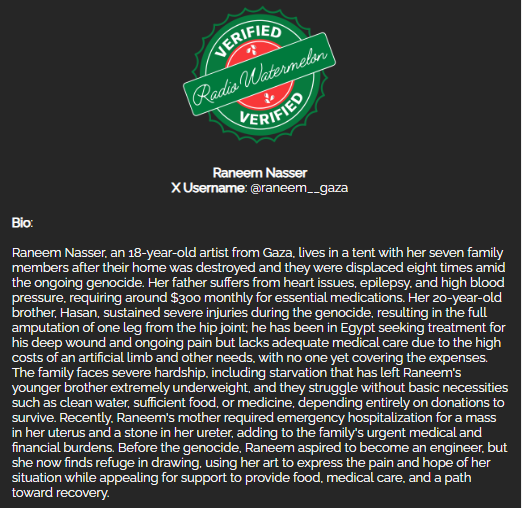 RadioWatermelon's tweet photo. 🚨The last donation was 4 days ago🚨

Raneem Nasser's Family
#VerifiedByRadioWatermelon
🖇️: https://t.co/R8jf6zbmif
Please donate and share
Starvation Is a Weapon 
Your Help Is Resistance https://t.co/v7CouSAfzn