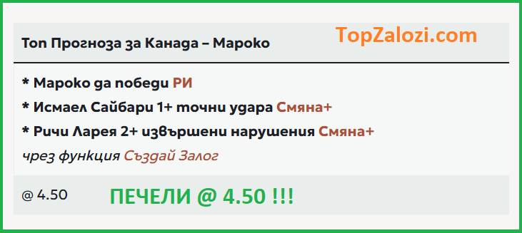TopZalozi's tweet photo. Топ Печалба @ 4.50 ✅ от Топ Прогнозата на https://t.co/vuywDg7MxQ за Канада - Мароко! https://t.co/04LAaueW4w