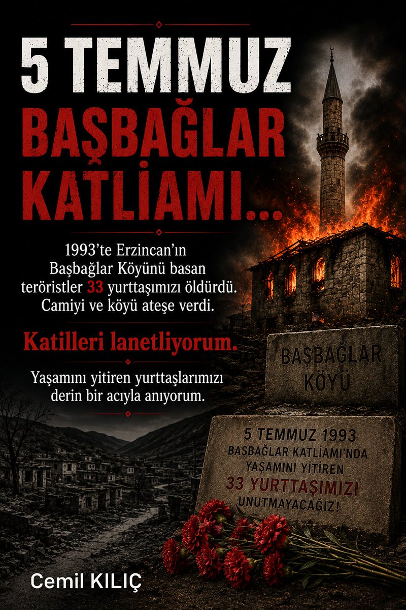 m_cemilkilic's tweet photo. 5 Temmuz Başbağlar Katliamı...

1993'te Erzincan'ın Başbağlar Köyünü basan teröristler 33 yurttaşımızı öldürdü. Camiyi ve köyü ateşe verdi.

Katilleri lanetliyorum.

Yaşamını yitiren yurttaşlarımızı derin bir acıyla anıyorum. https://t.co/aV09JYzUiy