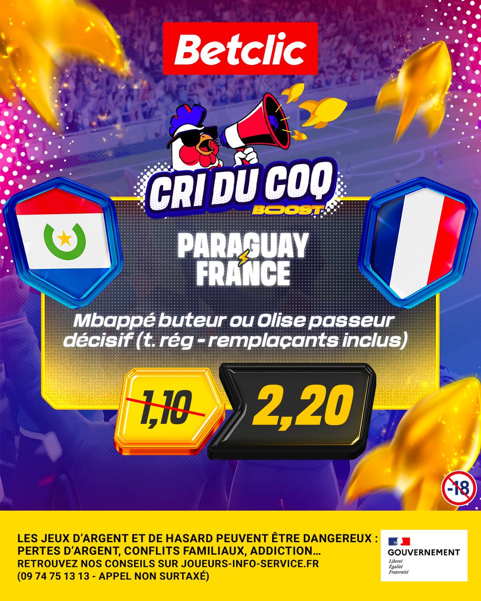 Betclic's tweet photo. 🐓 CRI DU COQ BOOOOST 🚀

Palier MAX atteint, donc GIGA cote boostée !! "Mbappé buteur ou Olise passeur décisif (t. rég - remplaçants inclus)" boosté à 2,00 ✅

⚠️ Max 10€ / Jusqu'à 23h https://t.co/xEEFpg0c8G