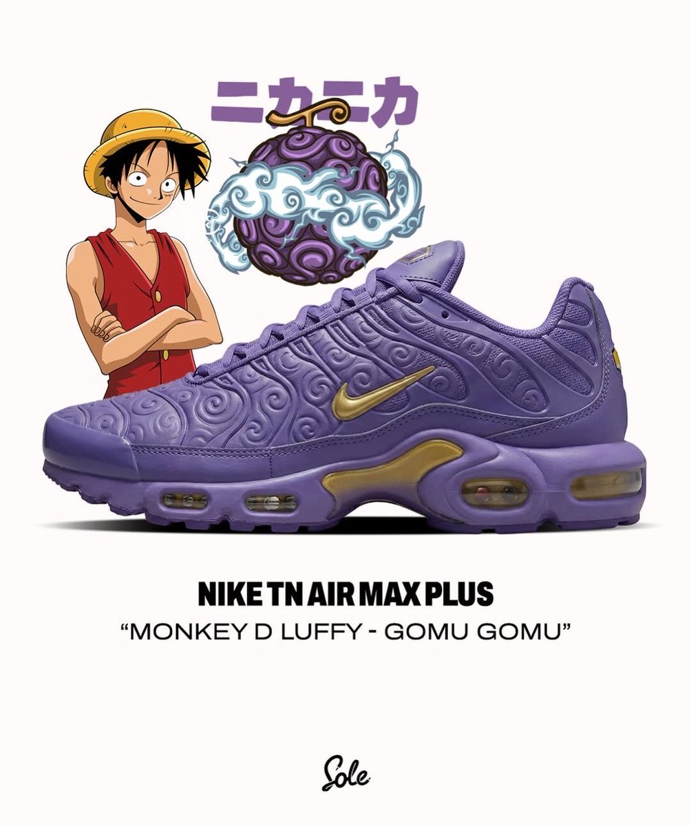 Ovrnundr's tweet photo. One Piece x Nike Air Max Plus "Devil Fruits" 🏴‍☠️

- Releasing Fall 2026

• Fly Cap - $45
• SS Jersey - $95 
• Air Max Plus SP - $210 

- Gomu Gomu (Monkey D. Luffy)
- Ope Ope (Trafalgar D. Water Law)
- Mera Mera (Sabo, formerly Portgas D. Ace) https://t.co/xhOgk8vMuM