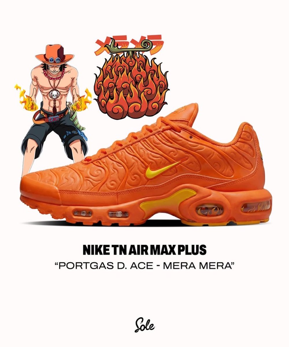 Ovrnundr's tweet photo. One Piece x Nike Air Max Plus "Devil Fruits" 🏴‍☠️

- Releasing Fall 2026

• Fly Cap - $45
• SS Jersey - $95 
• Air Max Plus SP - $210 

- Gomu Gomu (Monkey D. Luffy)
- Ope Ope (Trafalgar D. Water Law)
- Mera Mera (Sabo, formerly Portgas D. Ace) https://t.co/xhOgk8vMuM