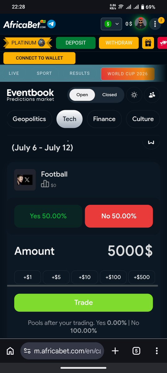 McbenW's tweet photo. I bet US$5000 that @elonmusk will not post about football thie week between 6 and 13 July. I'm about to get rich.

#gambling #getrichquick #toogood https://t.co/H5qgmGITam