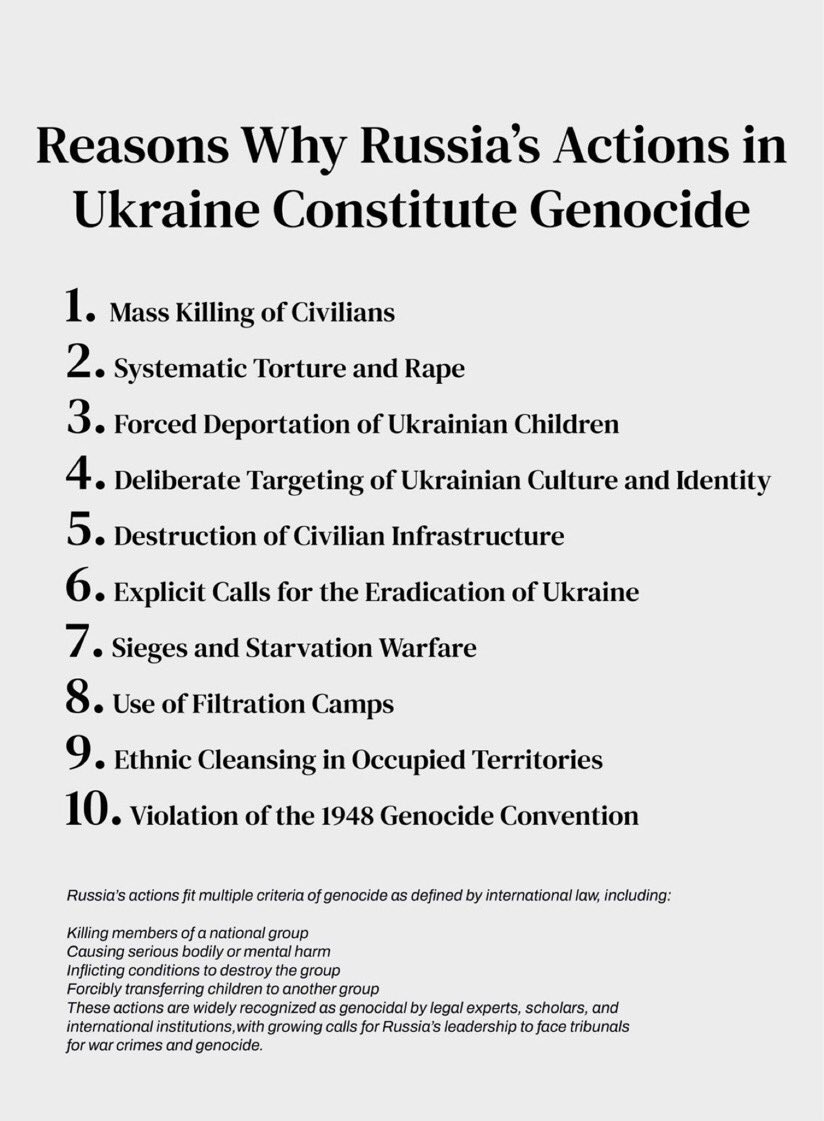 choucroute_67's tweet photo. ‼️Raisons pour lesquelles les actions de la Russie🇷🇺 en Ukraine 🇺🇦 constituent un génocide 🔥⚡️⚡️⚡️
1) Meurtre de masse de civils 🇺🇦 
2) Torture systématique et viol
3) Déportation forcée d’enfants 🇺🇦
4) Ciblage délibéré de la culture et de l’identité 🇺🇦
5 ) Destruction de l’infrastructure civile
6) Appels explicites à l’éradication de l’🇺🇦 
7) Sièges et famine
8) Utilisation des camps de filtration
9) Nettoyage ethnique dans les territoires occupés
10) Violation de la convention sur le génocide de 1948