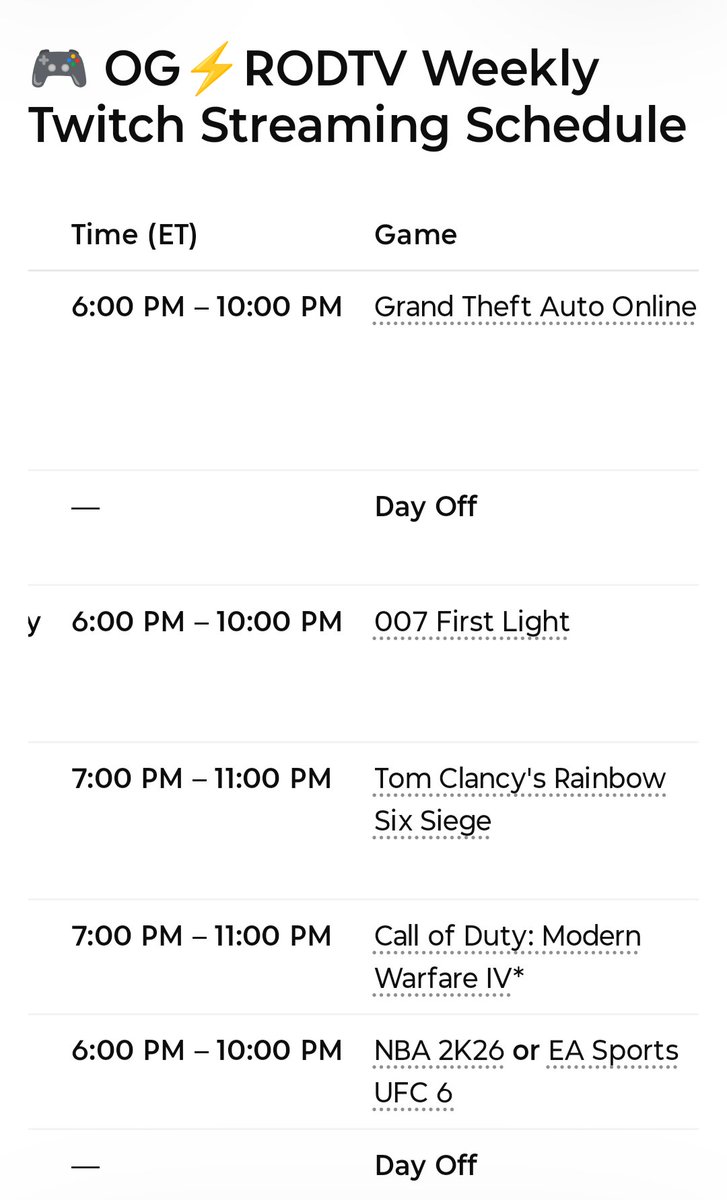 OGRODTV's tweet photo. My Official Streaming Schedule!!!!! https://t.co/dHL5jLEEaU