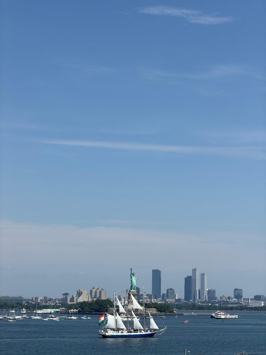 IndianEmbassyUS's tweet photo. INS Sudarshini enters Port of New York and New Jersey

Indian Naval Sail Training Ship Sudarshini represented India at the United States International Naval Review 250 and Sail4th 250 on 4 July at New York. The three-masted barque stood out as a symbol of India’s maritime heritage flying the tricolour in the Parade of Sail on the Hudson River.

Lokayan 2026 covering the 10 months long transoceanic voyage of the ship underscores Indian Navy’s commitment of maritime cooperation across oceans and navies. The tall ship continues participation in SAIL4th 250 event having completed the SAIL 250 phase at Norfolk and Baltimore.

#IndianNavy #Lokayan26 #SAIL250