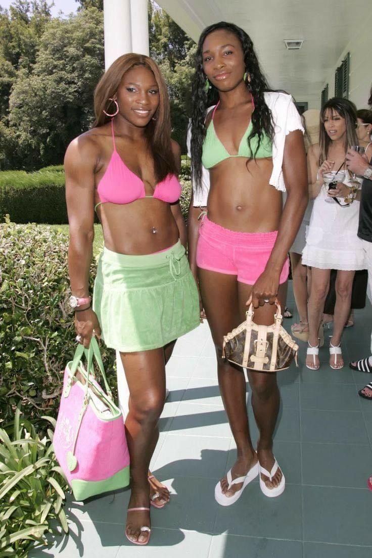 thepinkernet's tweet photo. serena &amp; venus williams @ the juicy couture swimwear launch (2004) https://t.co/ccQyKNXNTD
