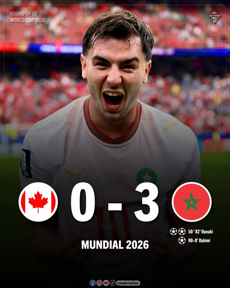 malcria2mx's tweet photo. 🇲🇦 😱 ¡Marruecos echa al anfitrión! Golean 3-0 a Canadá y ya están en cuartos.

Doblete de Ounahi (50', 82') y uno de Rahimi (90+8') para sellar la fiesta. Ahora esperan a Paraguay o Francia. 🔥

🤔 ¿Son el caballo negro?

#Mundial2026 #Marruecos #Canada #WorldCup #Futbol https://t.co/m6rbbHuCZa