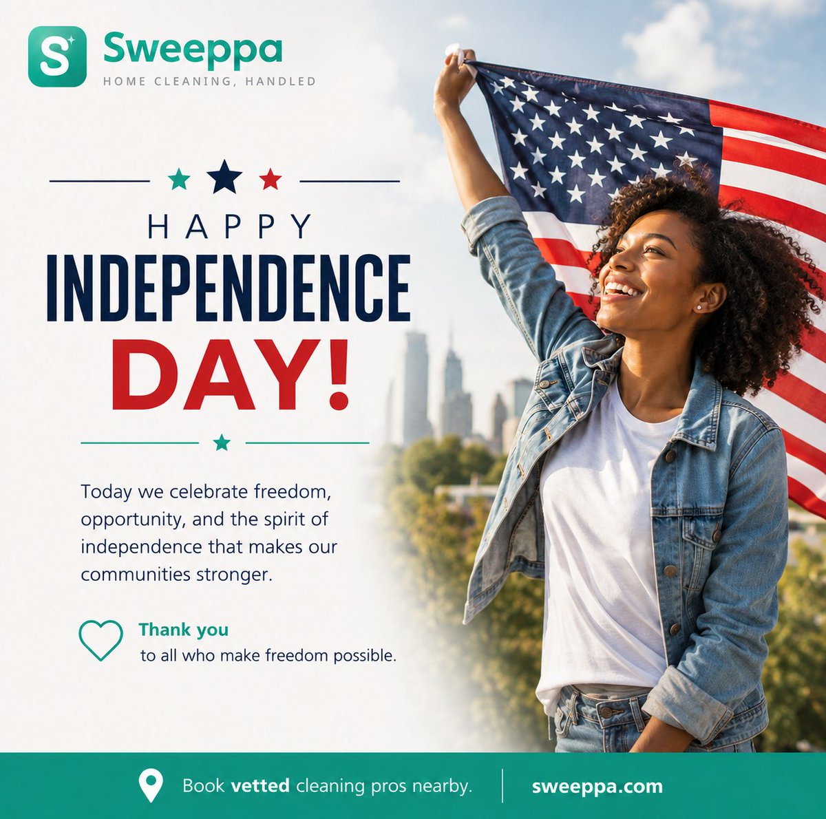 Sweeppahq's tweet photo. Happy Independence Day 🇺🇸
Today we celebrate freedom, opportunity, and community.
With Sweeppa, customers can book vetted independent cleaning pros nearby through one trusted marketplace.
https://t.co/TNLbsntTfr
#HappyIndependenceDay #Sweeppa #CleaningMarketplace https://t.co/rVzf8vFEOJ