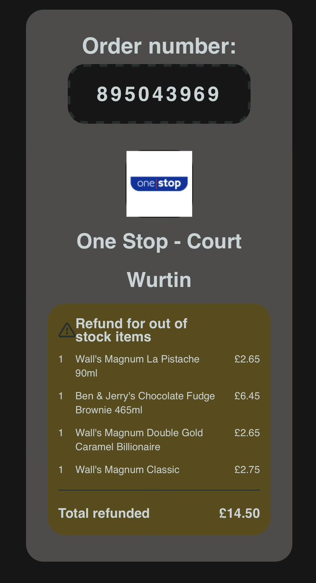 MrDaveBull's tweet photo. @JustEatUK please help.  Store refunded 4 items as out of stock so I essentially paid £6 for a single ice cream!  No replacements.  Unacceptable! https://t.co/isxFS0kj49