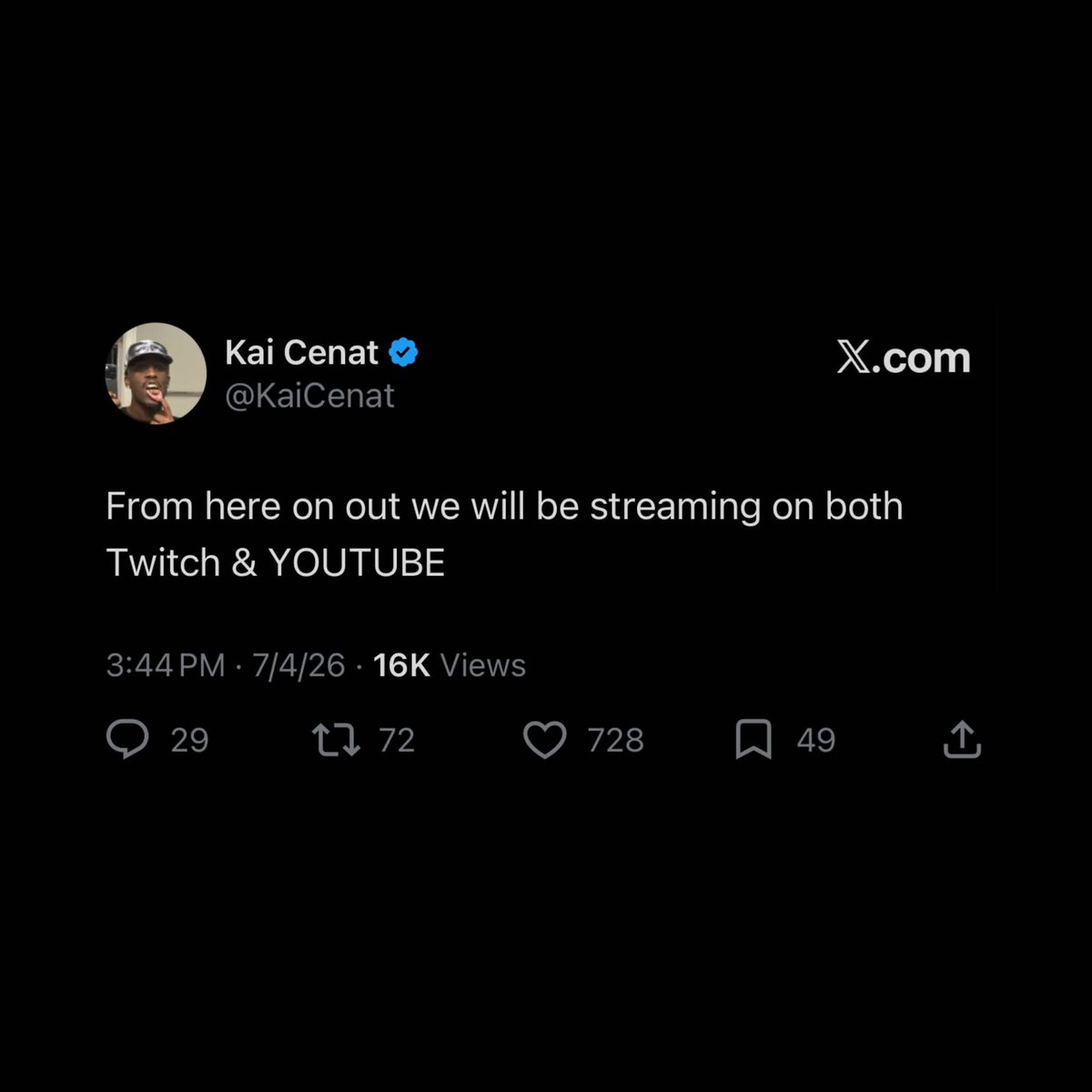 FearedBuck's tweet photo. Kai Cenat will no longer be streaming exclusively on Twitch upon his return, and has announced he'll begin multistreaming on both Twitch and YouTube https://t.co/0gxmBkM87W