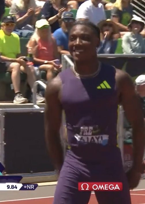 _OwenM_'s tweet photo. EQUAL NATIONAL RECORD!!!! 👏 

Kanyinsola Ajayi 🇳🇬 clocked 9.84 seconds (+0.1) equalling his personal best and national record to win the men’s 100m at the Prefontaine Classic. 

#EugeneDL https://t.co/9NJZC2GMmQ
