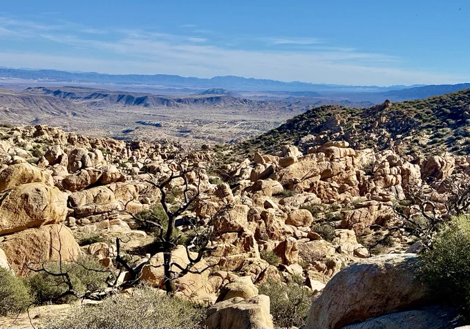 Rocky desert landscape with scattered vegetation and distant mountain ranges under a clear blue sky.