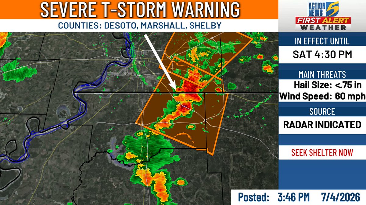 PatrickEllisWx's tweet photo. 🌩️ A Severe T-Storm Warning has been issued until 7/04 4:30PM for Shelby, DeSoto, Marshall. https://t.co/xXFqQxwW9U