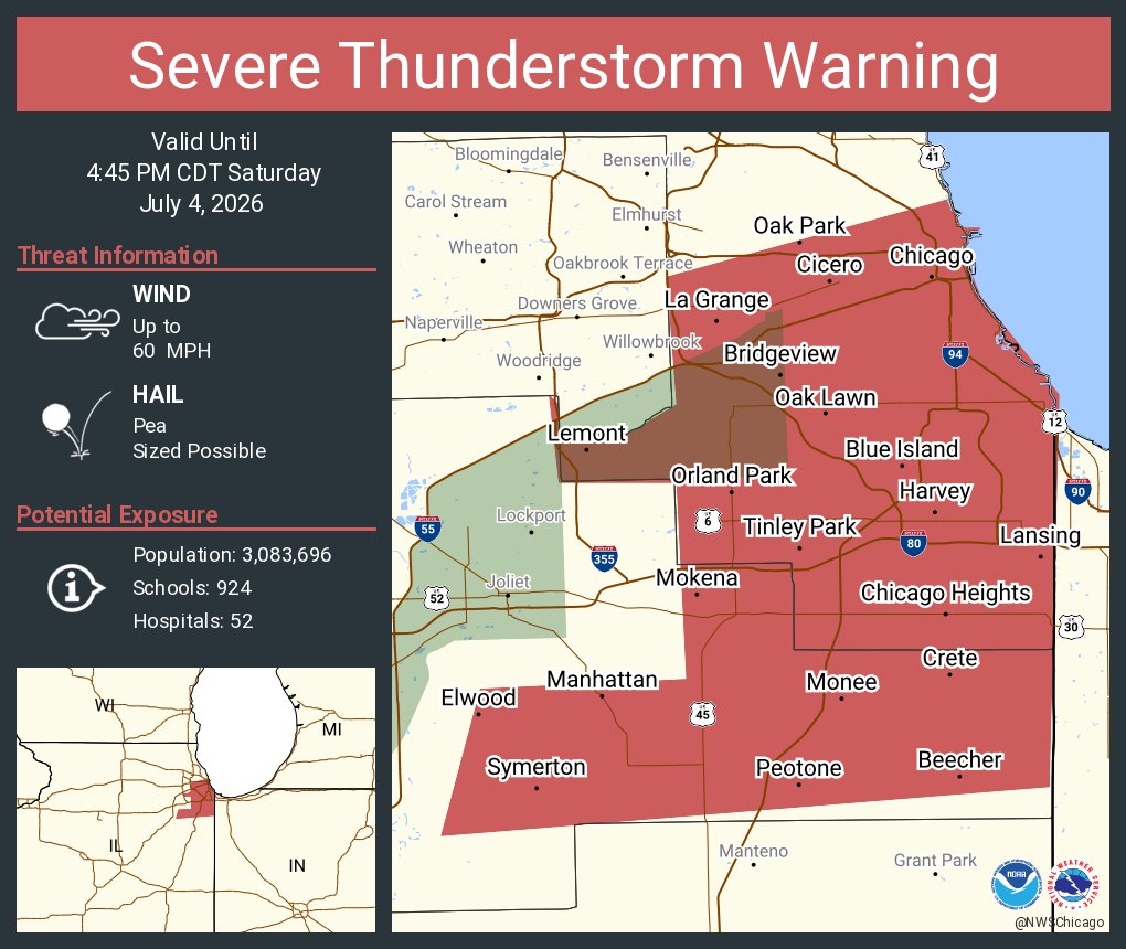 NWSChicago's tweet photo. Severe Thunderstorm Warning including Chicago IL, Cicero IL and  Orland Park IL until 4:45 PM CDT https://t.co/x57E6sdSNb