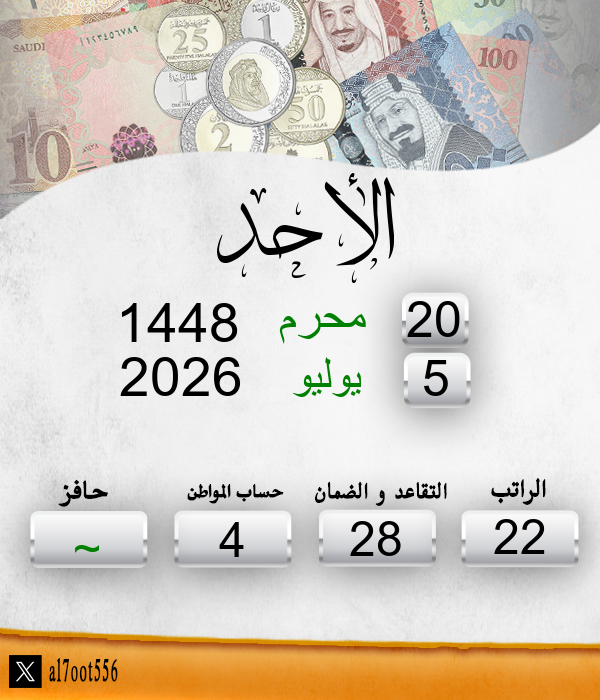 al7oot556's tweet photo. تاريخ اليوم الاحد الموافق: 20/1/1448
موعد إيداع الراتب الاثنين الموافق: 13/2/1448
الأيام المتبقية لإيداع الراتب: 22 يوم https://t.co/DL8k0YP2qm