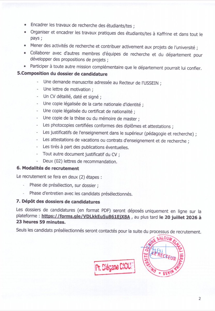 univsinesaloum's tweet photo. #USSEIN recrute un(e) enseignant(e)-chercheur(e) en #Journalisme (UFR SSE).
👉 Dossier (PDF) à déposer en ligne avant le 20 juillet 2026 à 23h59.
Formulaire : https://t.co/UU0v0OkgAj
Appel : https://t.co/UrAexacKi8
@dialimpa @diegane_diouf @pnsbalante https://t.co/H1jFtHty76