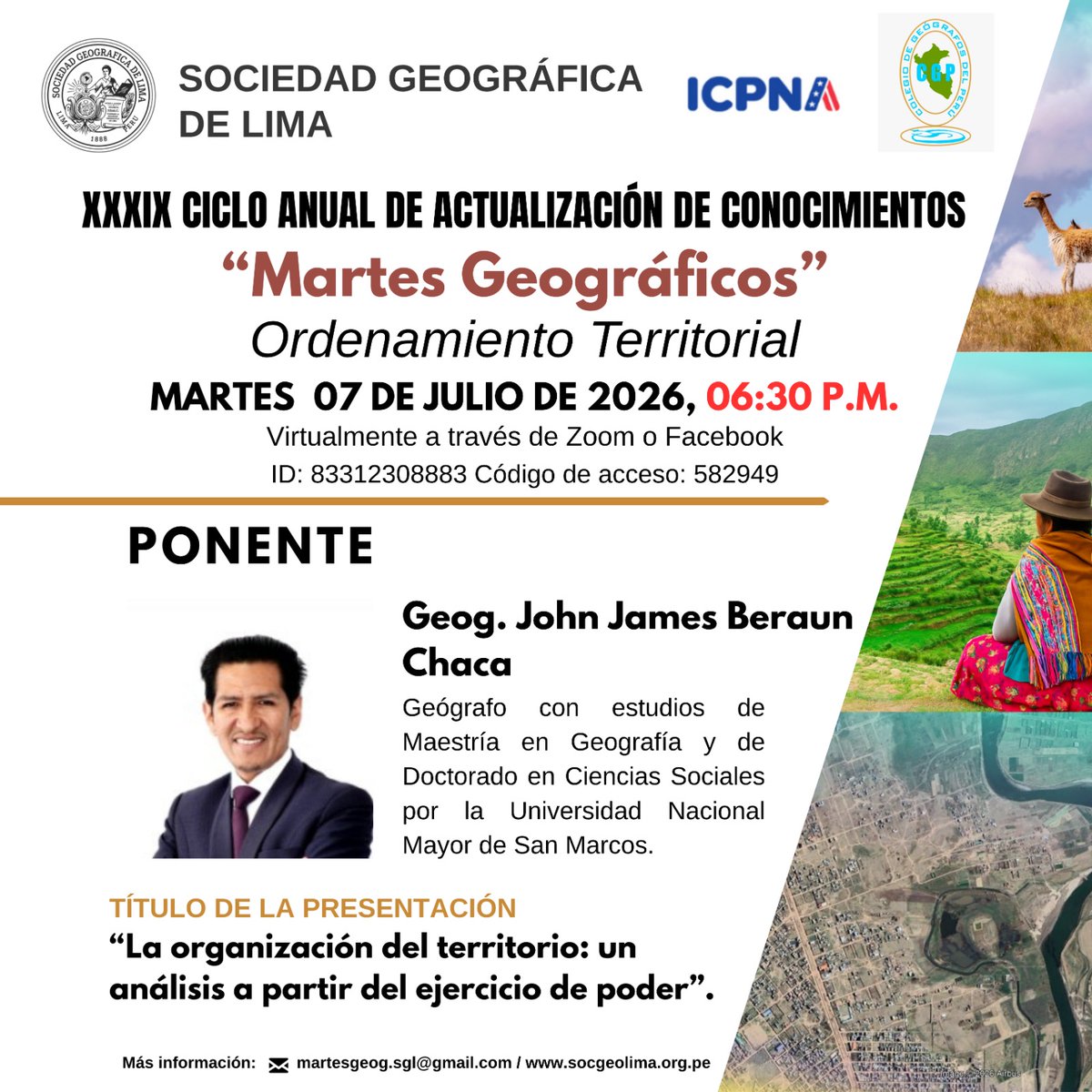 cgp_pe's tweet photo. 📢 ¡Participa en una nueva edición de los "Martes Geográficos"! 🌎📚
🗓 Fecha: Martes 07 de julio de 2026
🕡 Hora: 6:30 p. m. (hora Perú)
💻 Modalidad: Virtual (Zoom y Facebook)
🔗 Enlace de Zoom:
https://t.co/5twcVVSIa9...
¡Los esperamos! 🌎 https://t.co/2HqJ9wJMf0