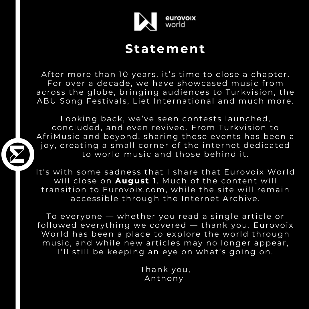 EurovoixWorld's tweet photo. After more than a decade, we will be closing Eurovoix World on August 1. For over 10 years, we have brought audiences Song Contests across the globe. See the full statement attached: https://t.co/WrctHzq97Z