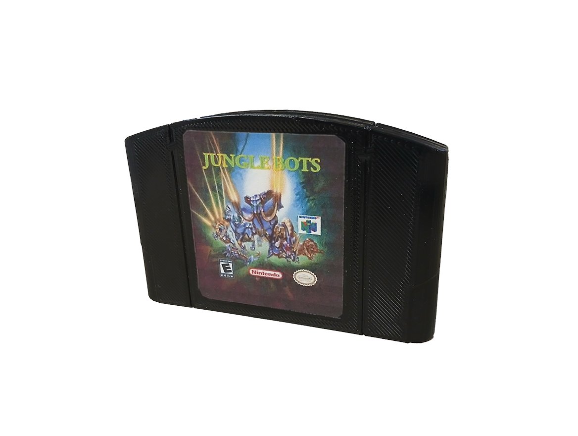 neoentgroup's tweet photo. The Jungle Bots cartridge. Classic black. Real N64 hardware. 29 years in the making. Back the campaign before time runs out. 🔗 https://t.co/WlpzfGtRCi #JungleBots #N64 https://t.co/94rJYeQn0X