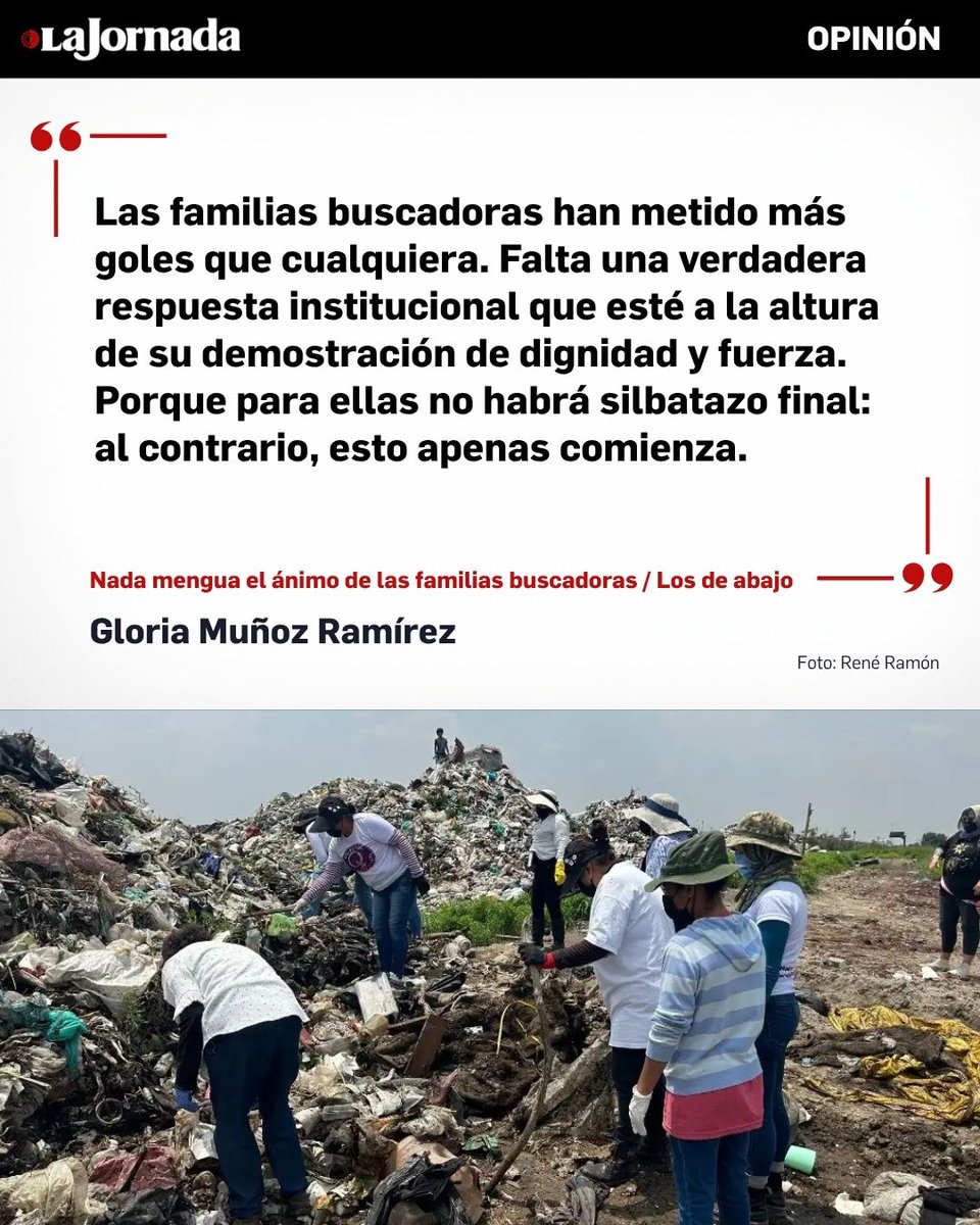 LaJornada's tweet photo. #LosDeAbajo, columna de Gloria Muñoz Ramírez.

Nada mengua el ánimo de las familias buscadoras | A tres semanas del inicio del Mundial de 2026, las familias buscadoras siguen con la frente en alto y enarbolando una de las luchas más dignas del país. Las han encapsulado miles de policías, que han hecho todo para impedirles llegar al estadio Ciudad de México con el objetivo de hacerse ver, de que la prensa y la sociedad las escuche, pues llevan años buscando soluciones estructurales para la localización de sus seres queridos. Son 133 mil personas desaparecidas y desde las instituciones las niegan y criminalizan, disminuyen, desprecian y reprimen a quienes las buscan.
https://t.co/iFjnBP81g1