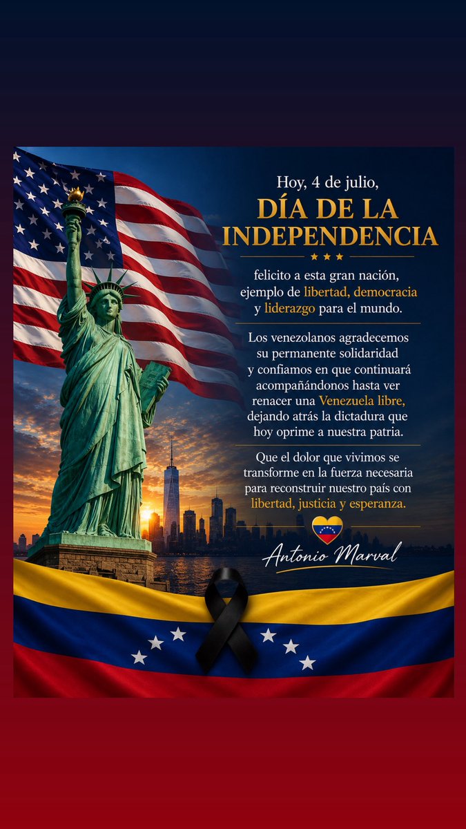 tonymarval's tweet photo. Hoy, 4 de julio, Día de la Independencia, felicito a esta gran nación, ejemplo de libertad, democracia y liderazgo para el mundo.
Los venezolanos agradecemos su permanente solidaridad y confiamos en que continuará acompañándonos hasta ver renacer una Venezuela libre, dejando atrás la dictadura que hoy oprime a nuestra patria.
Que el dolor que vivimos se transforme en la fuerza necesaria para reconstruir nuestro país con libertad, justicia y esperanza.