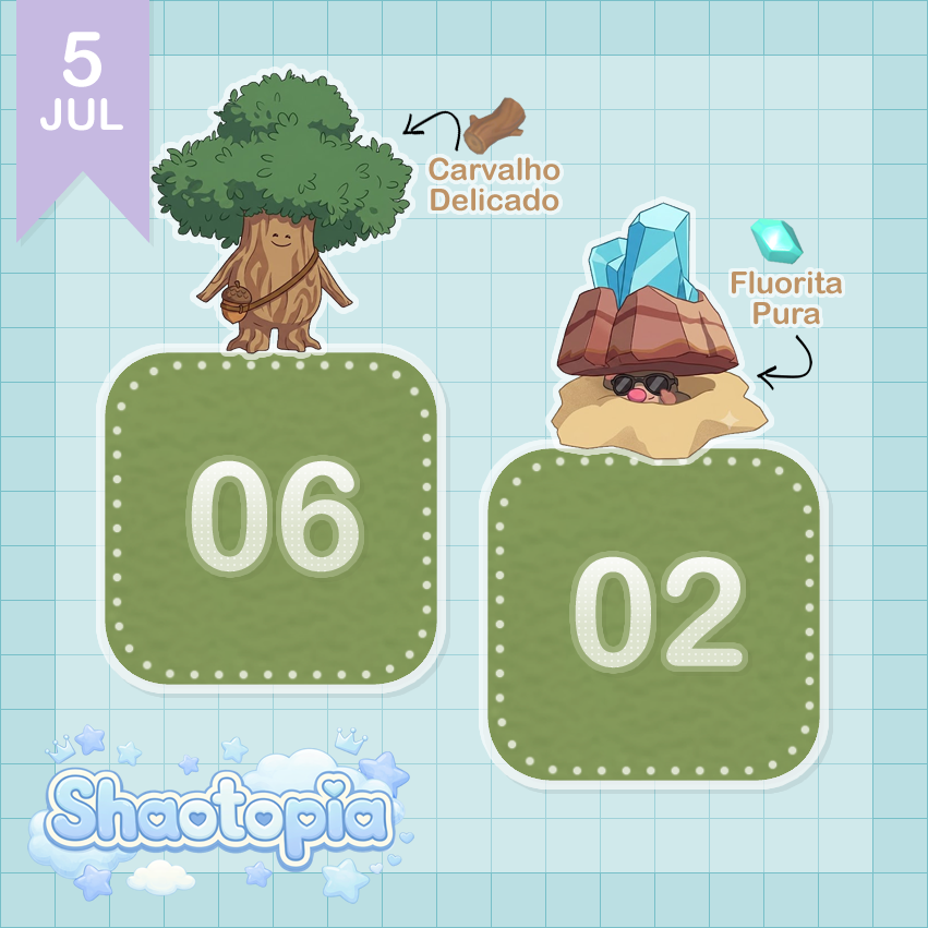 shaotopia's tweet photo. Dia 05 de Julho (Domingo)
✧ Coletáveis ✧

🌳 Carvalho Delicado: Lote 06
💎 Fluorita Pura: Lote 02

#Heartopia https://t.co/oNQjkaB7LW