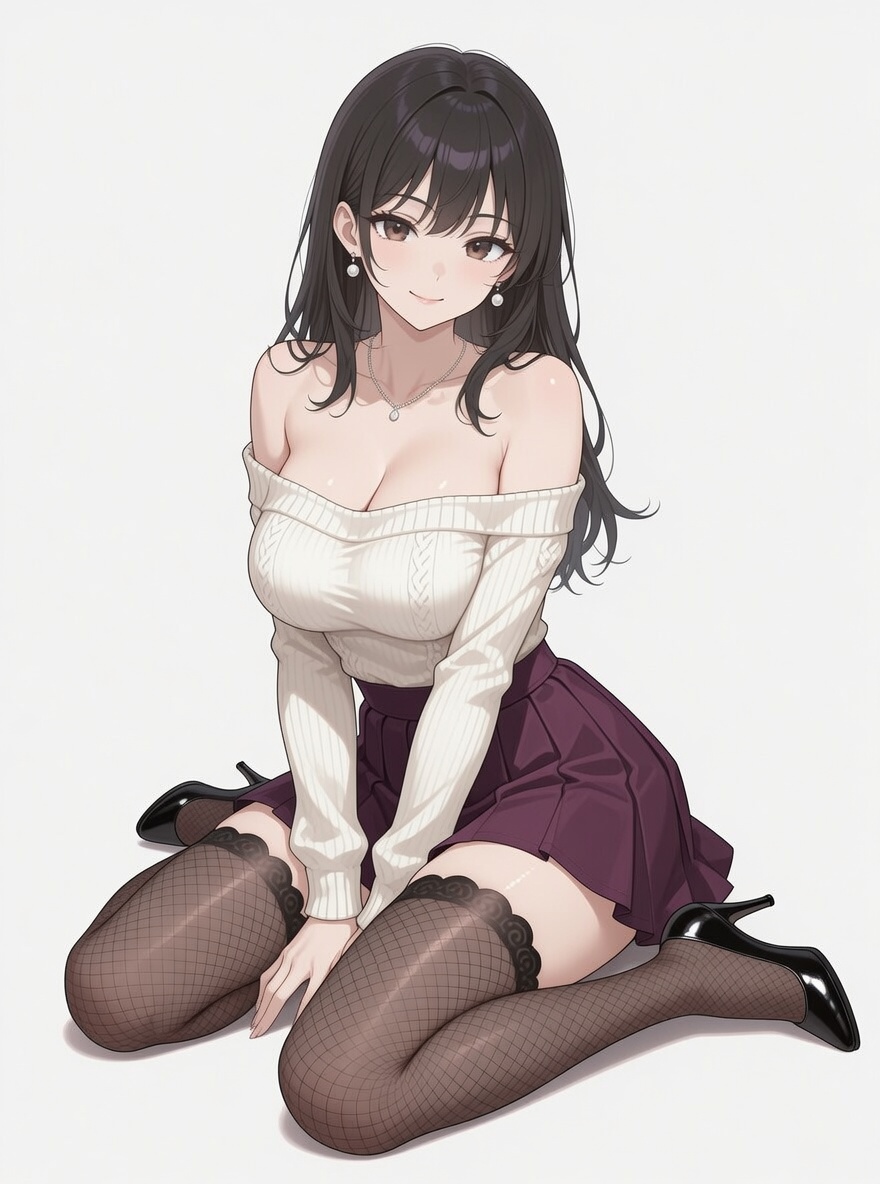 hagamight's tweet photo. 衣装プロンプト
off-shoulder white ribbed knit sweater , deep red mini flare skirt, black fishnet stockings with intricate black lace garter tops, glossy black high heels, https://t.co/GZ9R6DPgU9