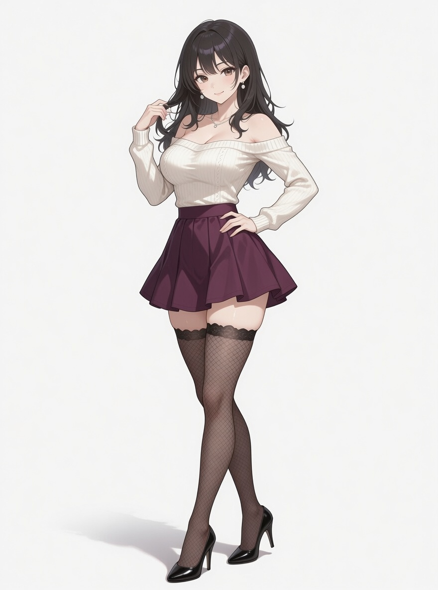 hagamight's tweet photo. 衣装プロンプト
off-shoulder white ribbed knit sweater , deep red mini flare skirt, black fishnet stockings with intricate black lace garter tops, glossy black high heels, https://t.co/GZ9R6DPgU9