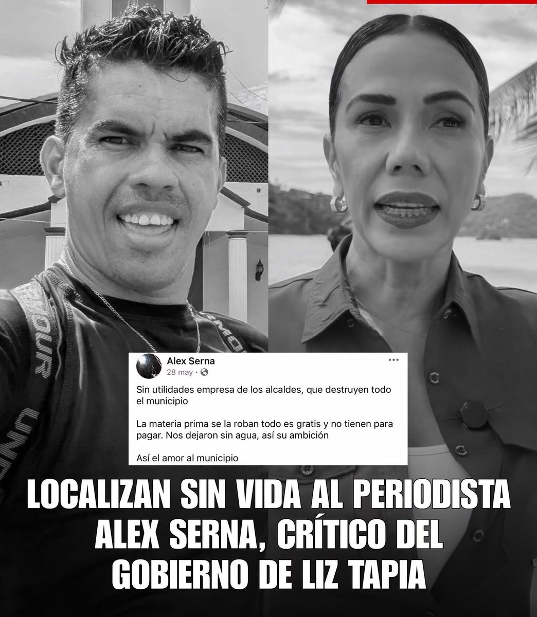 JJDiazMachuca's tweet photo. DÍAS ANTES HABÍA PUBLICADO NUEVAS DENUNCIAS AMBIENTALES EN CONTRA DE LA ALCALDESA LIZ TAPIA  🚨😔
@LizetteTapiaC 

Alex Serna fue localizado sin vida, luego de varios días desaparecido. El Periodista y activista ambiental era conocido por exhibir denuncias ciudadanas, presuntos fraudes, estafas y proyectos inmobiliarios que señalaba como irregulares, algunos de ellos presuntamente vinculados con el gobierno municipal de Zihuatanejo.

Días antes de su desaparición también había publicado denuncias sobre presuntos daños al medio ambiente. Ahora, de manera extraoficial, trascendió que el cuerpo localizado el pasado 22 de junio dentro de un contenedor en Petatlán correspondería a Alex.

En redes sociales crecen las exigencias de justicia y de que este caso no quede impune, ya que la prensa de Zihuatanejo está silenciada por la alcaldesa municipal.