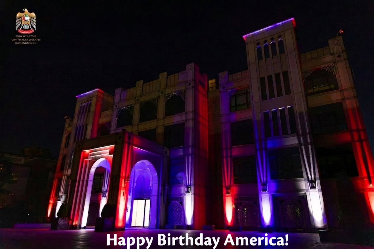 UAEEmbassyUS's tweet photo. 🇦🇪🇺🇸 From space exploration to economic investment to the communities we build together, the UAE-US relationship is one built for the long term, grounded in diplomacy, investment and the people-to-people connections that bring our nations closer.

Happy Birthday, America! https://t.co/9xsI9JJUqZ