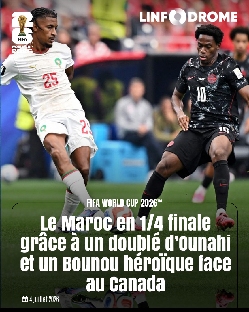 Linfodrome's tweet photo. Le Maroc poursuit son parcours à la Coupe du monde 2026.

Opposés au Canada en huitièmes de finale, les Lions de l'Atlas se sont imposés avec autorité (3-0), samedi 4 juillet, grâce à un doublé d'Azzedine Ounahi et un but de Soufiane Rahimi dans le temps additionnel.

#Linfodrome https://t.co/zwPOXX4B1C