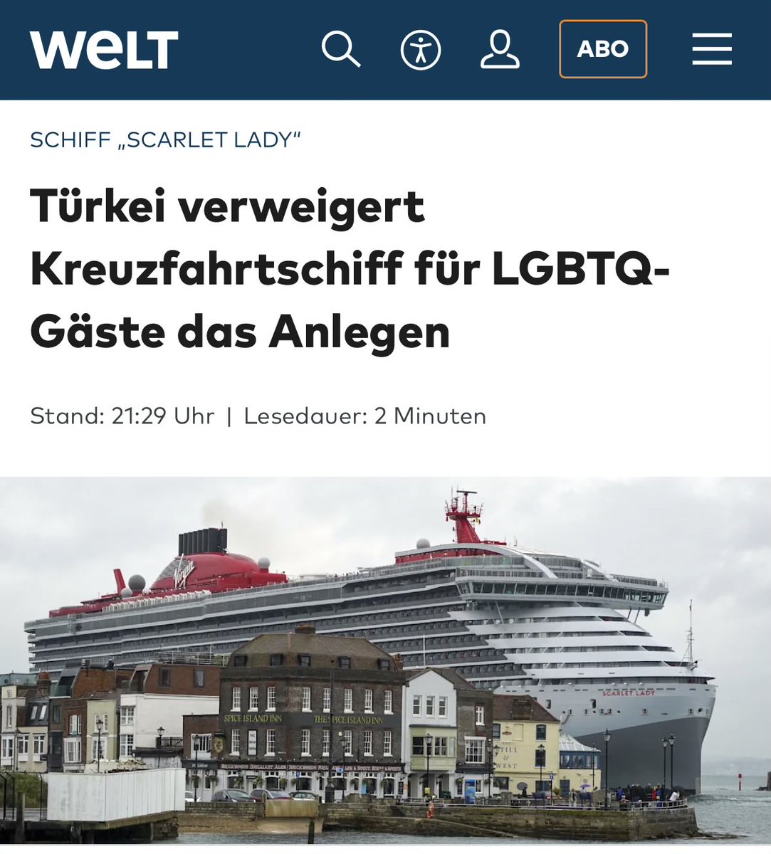 queru_lant's tweet photo. Die Türkei hat dem LGBTQ-Kreuzfahrtschiff „Secret Lady“ die Genehmigung verweigert, kommende Woche die Häfen von Aydin und Istanbul anzulaufen. Als Begründung nannten die Behörden die „moralischen Werte“ des Landes.

Ist die muslimische Türkei etwa homophob? Wo bleibt der empörte Aufschrei der queerfeministischen Kampftrullas?