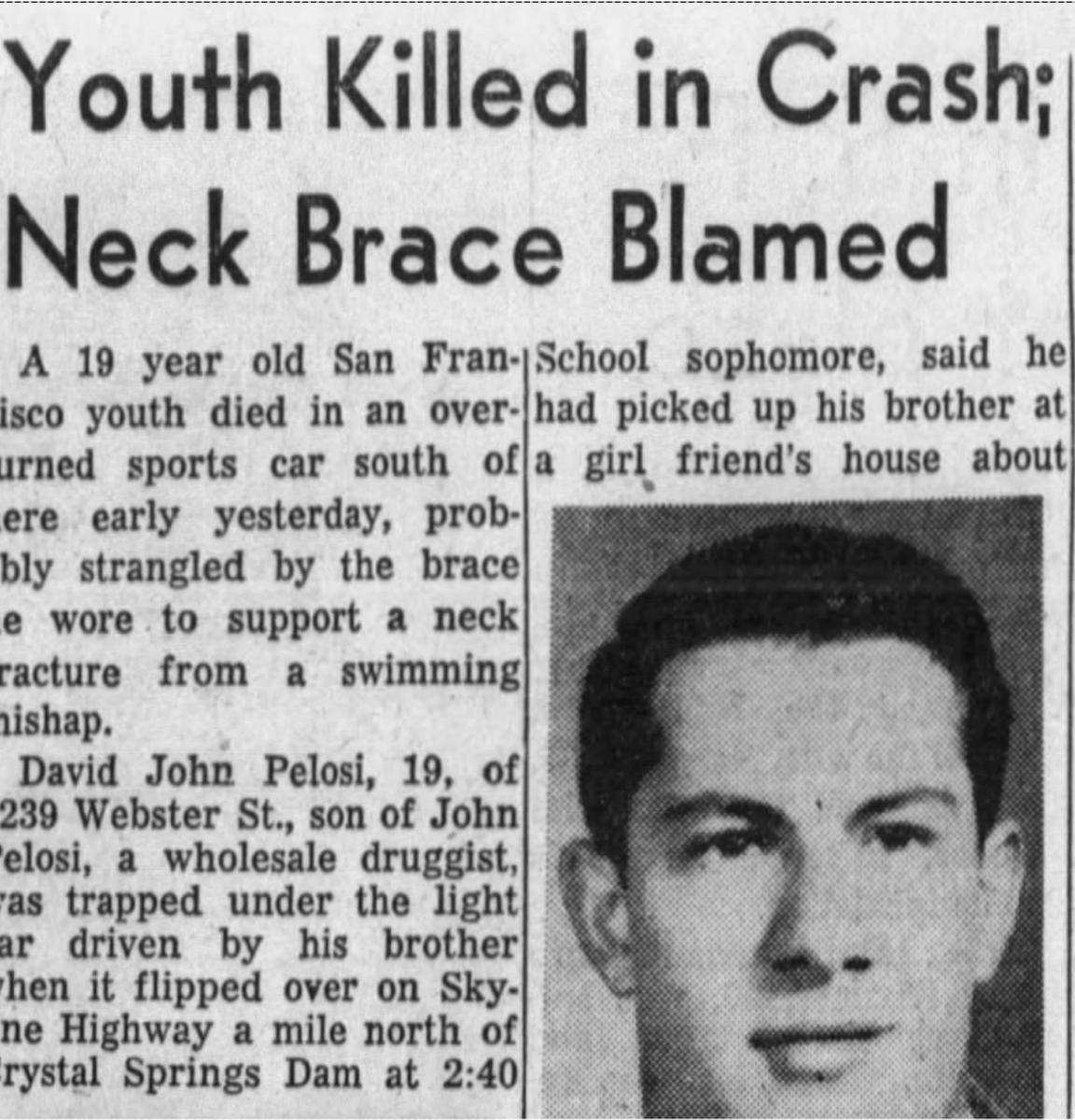cath2060's tweet photo. @henrykleeKTVU @KTVU @SpeakerPelosi @NapaSheriff @NapaCountyDA Paul Pelosi, NANCY PELOSI'S HUSBAND has been in 5 accidents: '57, '70, 2022, 23, 26

'57, lost control of his car, San Mateo, Ca., KILLED HIS 19-year-old BROTHER, David. Coroner's jury exonerated him.

GET THIS FKING DRUNK OFF THE STREETS‼️
https://t.co/1oprTtgod5 https://t.co/vE6f2w8q24