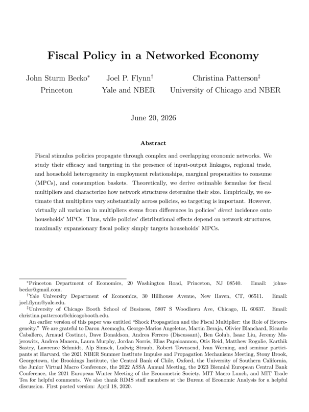 int_mon_econ's tweet photo. Highly relevant!

"Fiscal Policy in a Networked Economy" by John Sturm Becko, Joel P. Flynn, and Christina Patterson.

"Fiscal stimulus policies propagate through complex and overlapping economic networks. We study their efficacy and targeting in the presence of input-output linkages, regional trade, and household heterogeneity in employment relationships, marginal propensities to consume (MPCs), and consumption baskets. Theoretically, we derive estimable formulae for fiscal multipliers and characterize how network structures determine their size. Empirically, we estimate that multipliers vary substantially across policies, so targeting is important. However, virtually all variation in multipliers stems from differences in policies’ direct incidence onto households’ MPCs. Thus, while policies’ distributional effects depend on network structures, maximally expansionary fiscal policy simply targets households’ MPCs."

https://t.co/PsoHzXKgkP