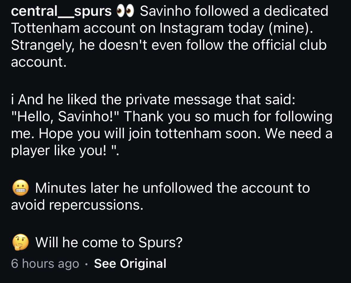 owenthfc__'s tweet photo. I hope the deal happens even more so on Savinho's behalf. Would have second hand embarrassment if it didn't happen after how much he's been begging it. Poor bloke https://t.co/S7prEsHeNU