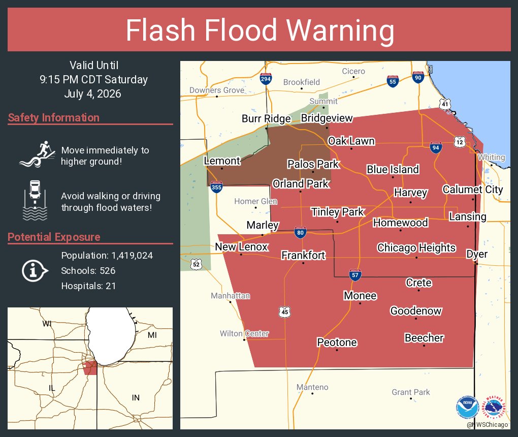 NWSChicago's tweet photo. Flash Flood Warning including Orland Park IL, Tinley Park IL and  Oak Lawn IL until 9:15 PM CDT https://t.co/aPnc8Ih1lA