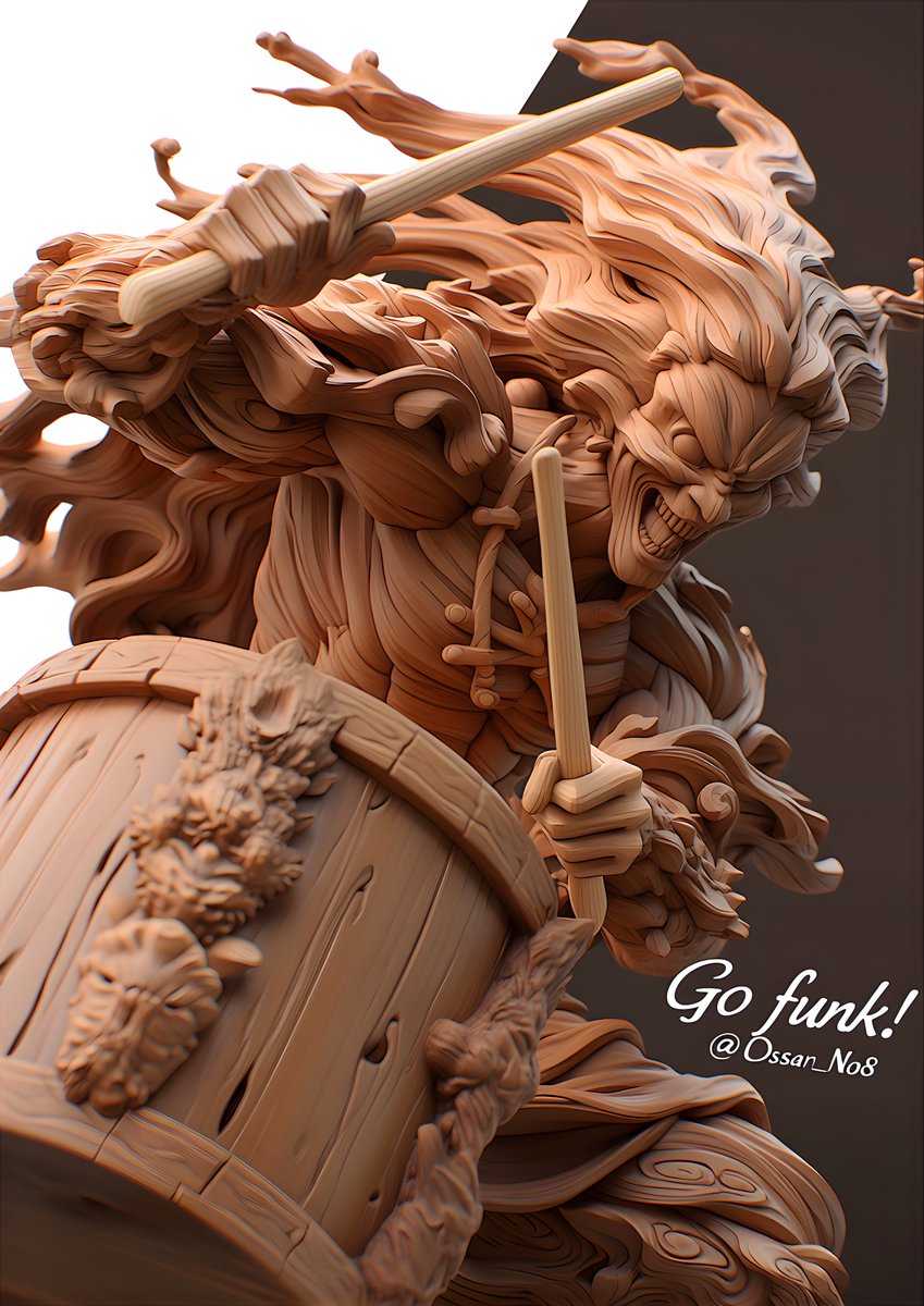 AI木彫り2026 Go Funk! 木彫りの雷神ドラマー🥁⚡️⚡️ AI niji7ほか