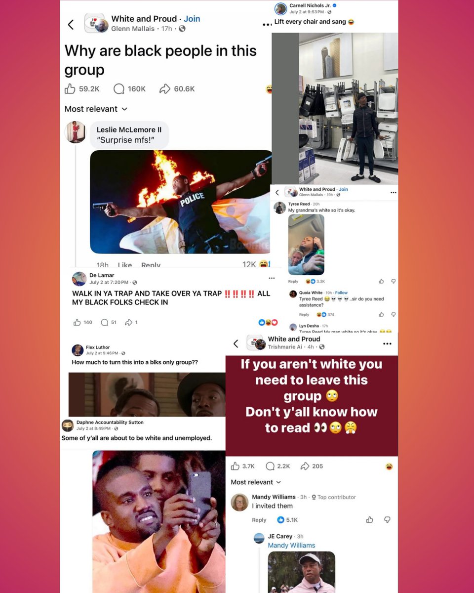 RedMedia_us's tweet photo. A Facebook group named "White and Proud" has been completely taken over by Black users, and the content has become absolutely hilarious. 😭

The owner forgot to set the group to private, and when he finally realized, Black members already outnumbered the white members. https://t.co/L4qT82oIgn
