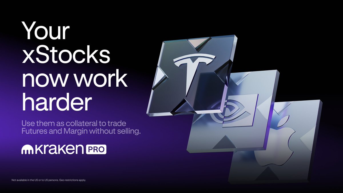 krakenpro's tweet photo. Still selling your $NVDAx to free up margin?

You don't have to. On Kraken Pro, 10 xStocks now work as collateral for futures and margin.

Get started ⤵️
https://t.co/q8RC71o4L7 https://t.co/UaNk43tLyx