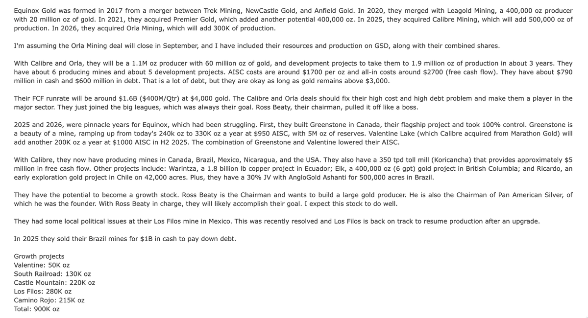 DonDurrett's tweet photo. Equinox Gold update. Looks beautiful if the Orla deal closes in September. 

Equinox Gold (Major). 5-Bagger List. 3.5/3.5/A Rating. After the Orla deal closes in September, they will have 5 development projects to grow production from 1.1M oz to 1.9M oz with an AISC under $2000. All of their mines are in the Americas (North, South, Central). Ross Beaty has hit a home run. This one is a must-own. It could be a 10-bagger and if not, it should be close. I rank them #2 behind Agnico Eagle as the best gold miner.

Click on the image for better resolution.