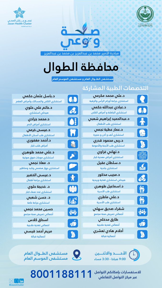 JazanCluster's tweet photo. #صحة_ووعي |

يقدّم #تجمع_جازان_الصحي عبر مبادرة #صحة_ووعي خدمات طبية تخصصية لأهالي محافظة الطوال، بمشاركة نخبة من الاستشاريين والكوادر الصحية.

📍 مستشفى الطوال العام ومستشفى الموسم العام
🗓️ الأحد والاثنين 5–6 يوليو 2026م
🕘 9:00 صباحاً – 3:30 مساءً https://t.co/Pscc8UdkYR
