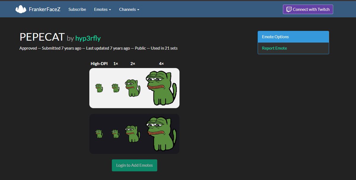 Steven_P_Chen's tweet photo. We're in a cat meta and tell me this is not good, someone crated and published  $PEPECAT Emotes 7 years ago!

https://t.co/VmI7st6L5F https://t.co/aHctcAmIho