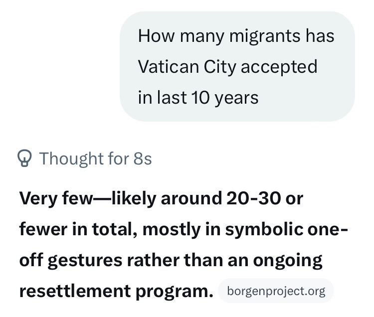 SteveSteedly's tweet photo. @Pontifex Looks like Vatican City needs to step up and make some changes. 20-30 migrants resettled in 10 years!?!? 

I believe there are plenty of underutilized buildings and rooms that can house those needing help. https://t.co/BrVxXKRNqb