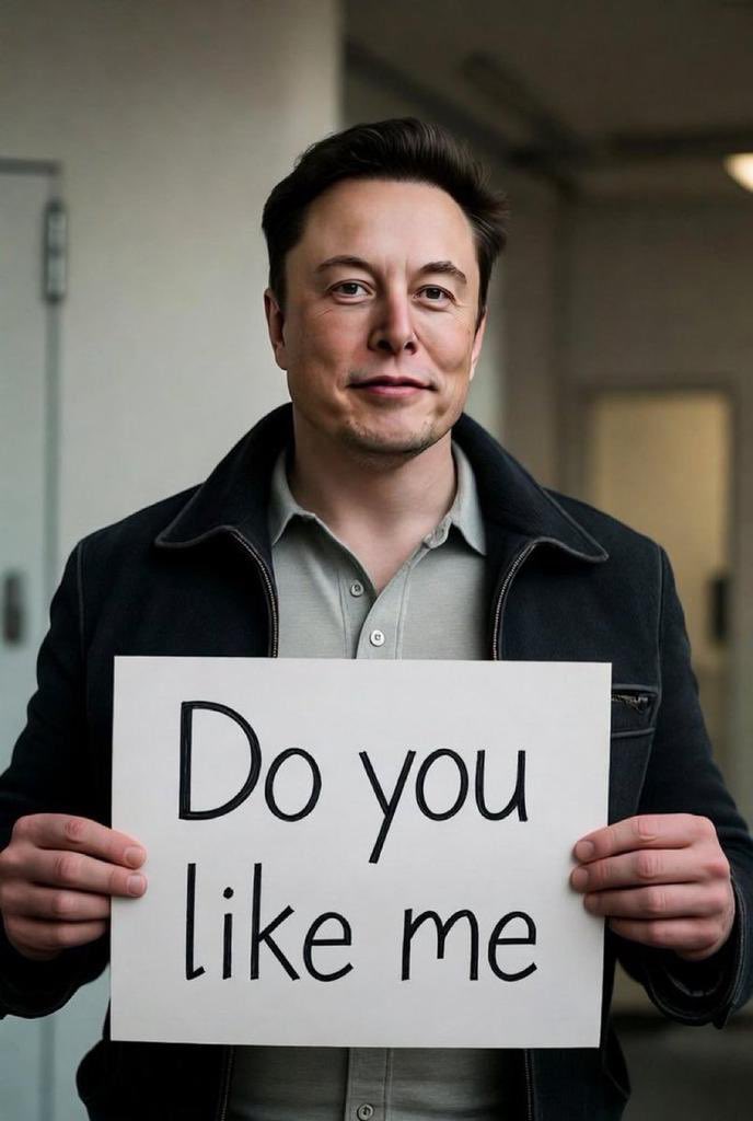 ElonMusktx036's tweet photo. 🚀 Be honest 

If Elon Musk held up this sign asking “Do you like me?”… how would you reply? 👀

A) Yes ❤️
B) It’s complicated 😅
C) Only on weekends 😏
D) No 🙂‍↔️ https://t.co/DsxfrkLQIq